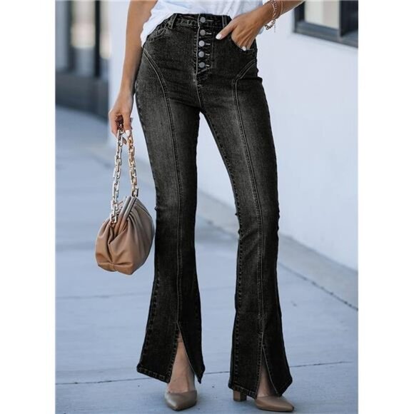 Black High‎ Waist Flare Jeans Split Straight Leg Dark Wash Denim Jean Pants - Picture 1 of 6